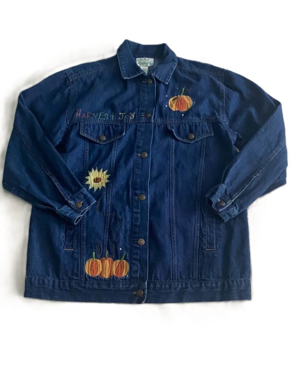 Quacker Factory Harvest Joy Denim Jacket Womens L Embroidered Scarecrow Pumpkin